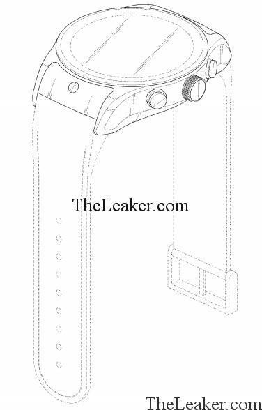 Unreleased smartwatch design sketch with detailed features and side buttons.