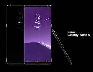Samsung Galaxy Note 8 smartphone with S Pen stylus on promotional display.