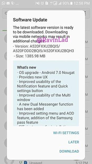 Galaxy A5 2017 Android Nougat update chnagelog