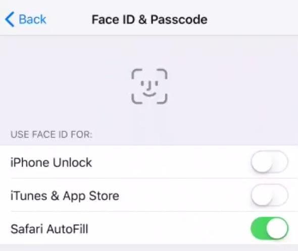 Apple Face ID settings menu
