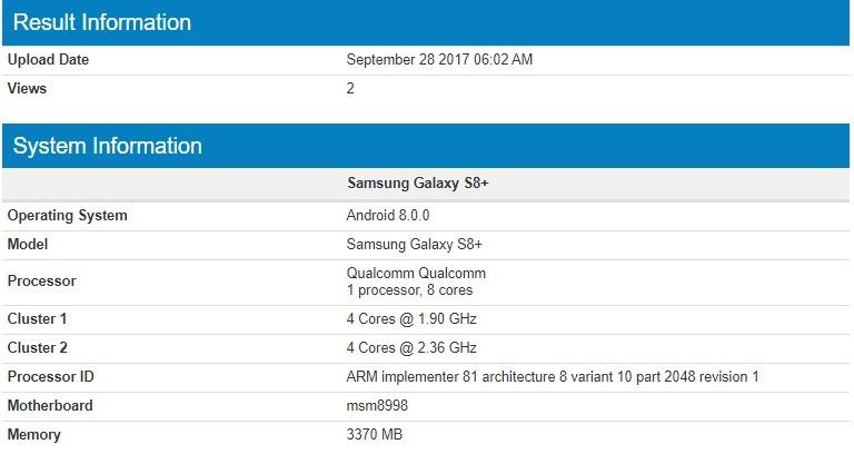 Galaxy S8 Plus Oreo Geekbench