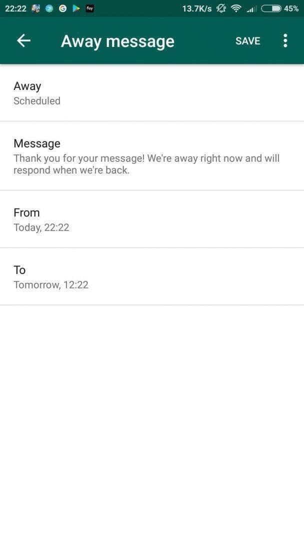 Whatsapp business away message feature