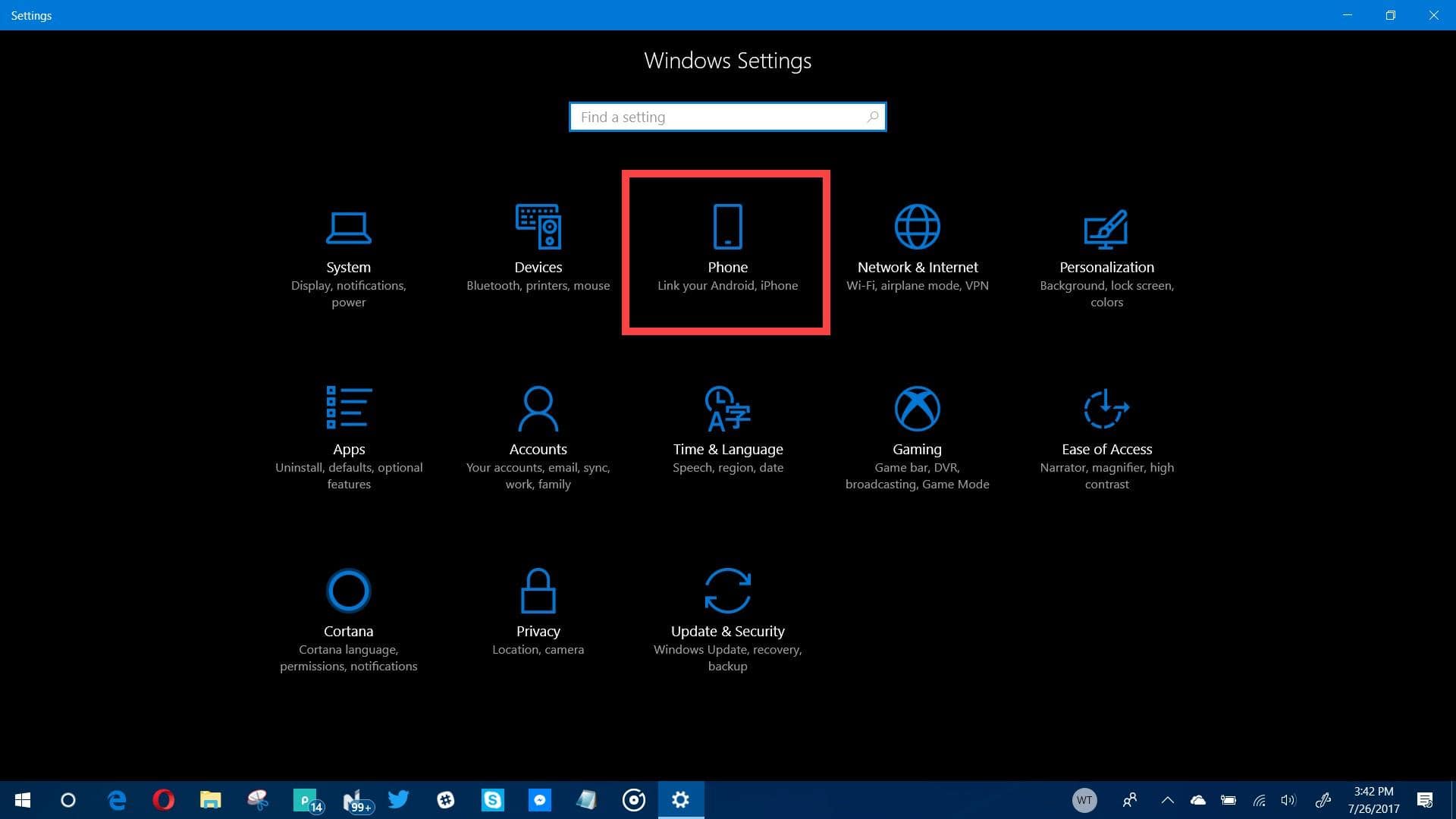 Windows 10 Creators update settings menu
