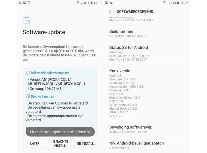 Galaxy A5 2016 December security update