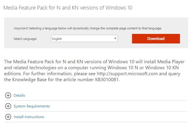 Media feature Pack Windows 10