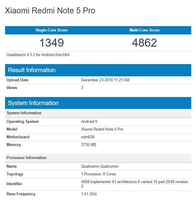 Redmi Note 5 Pro SD660 Pie Geekbench