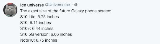 Galaxy S10 and Note 10 Screen Size (Ice-Universe)
