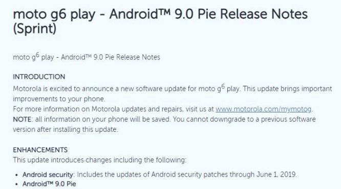 Moto G6 Play Android 9.0 Pie Update Sprint