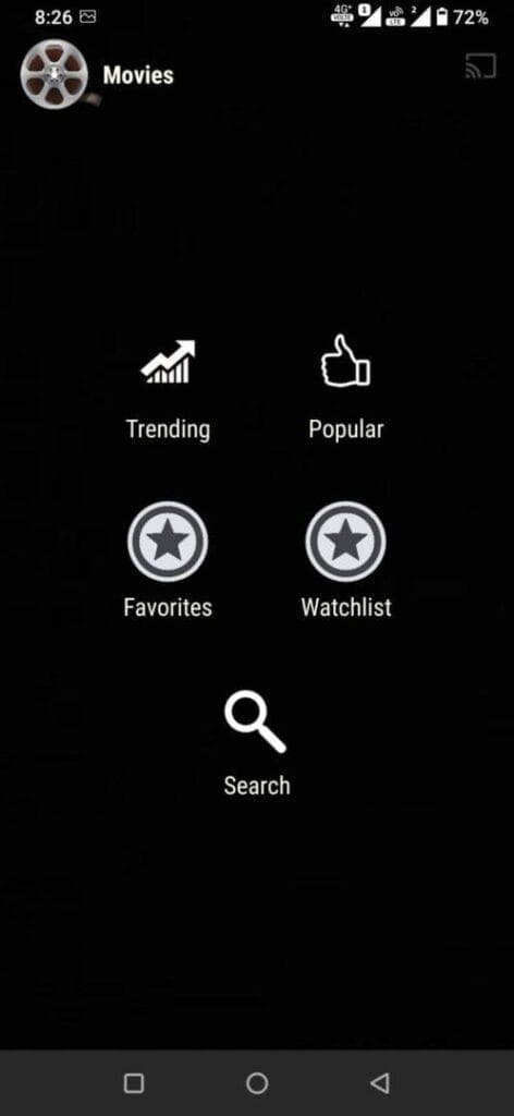 Trending movies app interface on mobile screen, showcasing categories like Trending, Popular, Favorites, Watchlist, and Search.