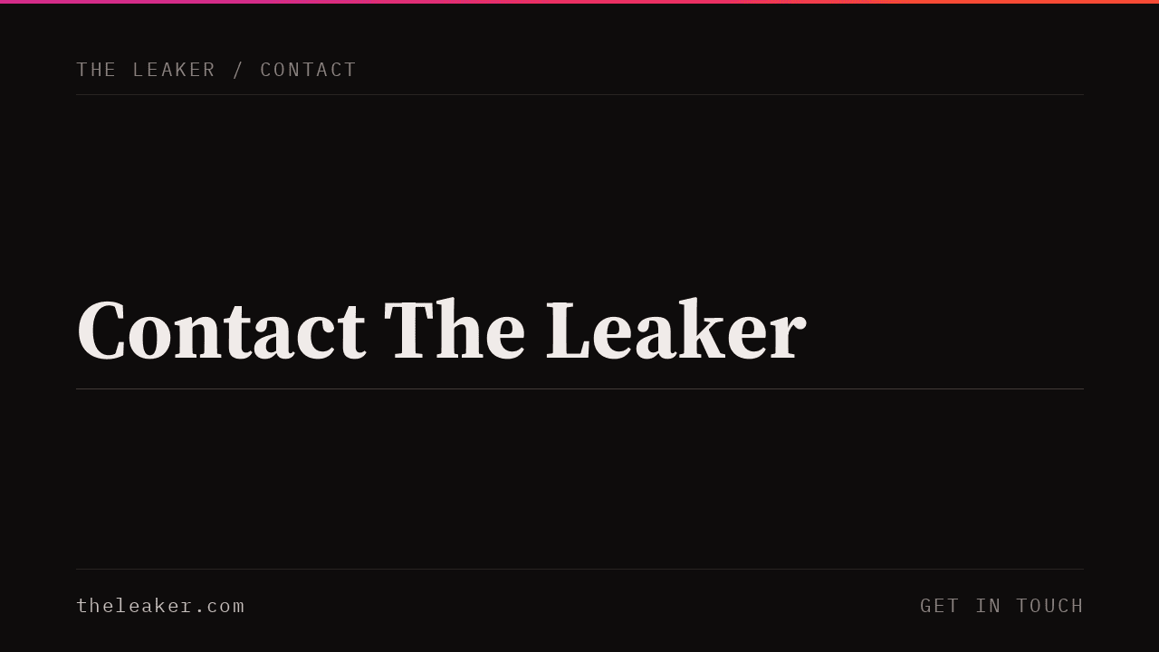 Contact The Leaker page with dark background and white text for user inquiries.