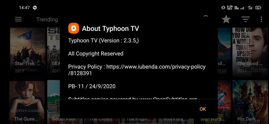 Typhoon TV APK version details about page