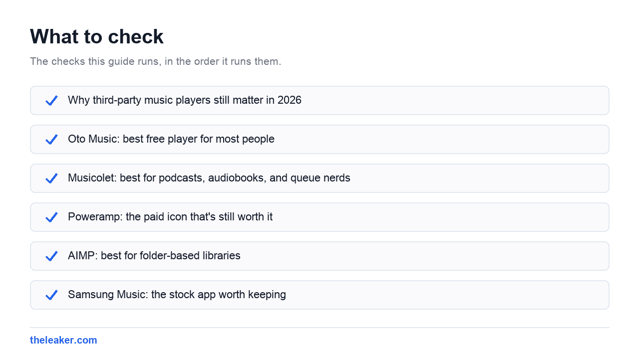 Checklist of the checks this guide runs, in document order