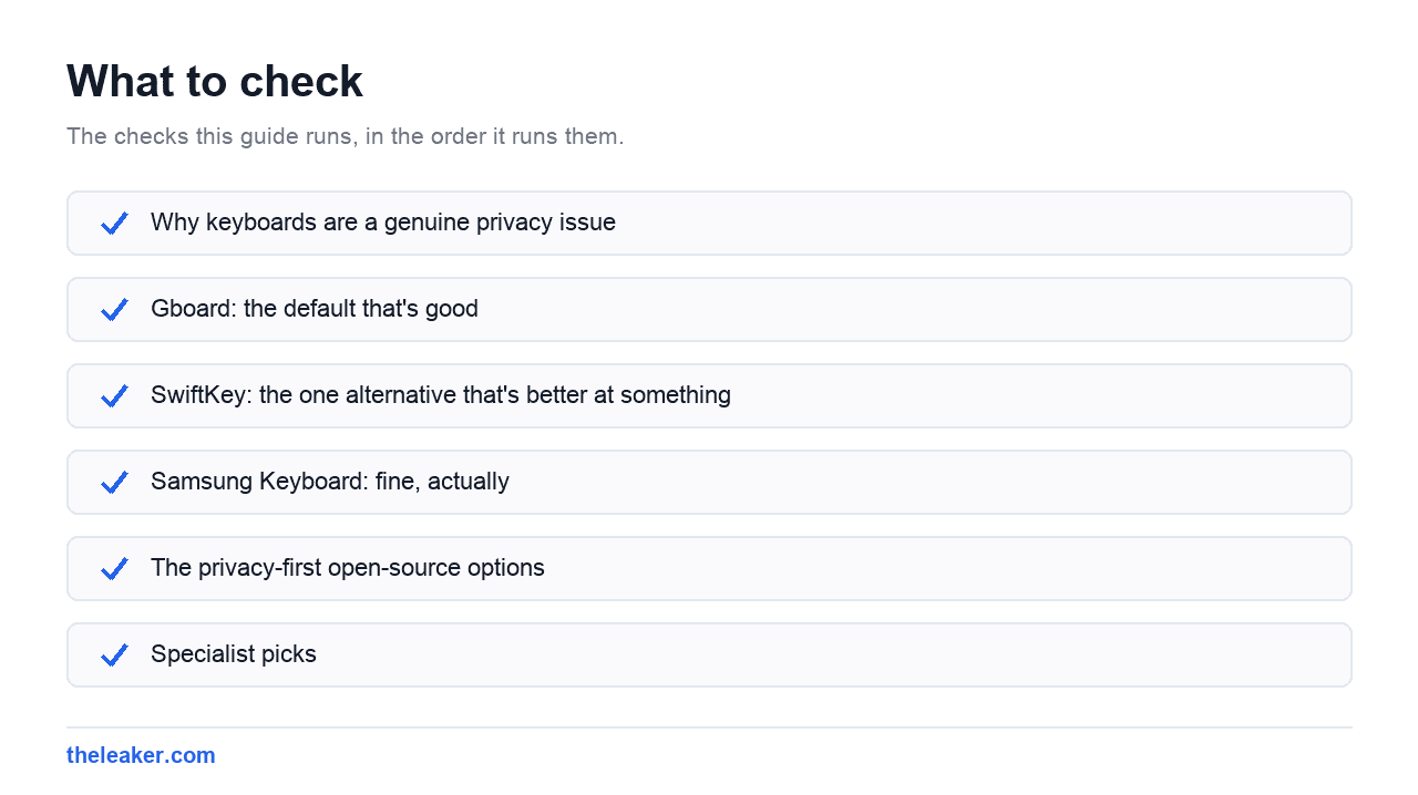 Checklist of the checks this guide runs, in document order