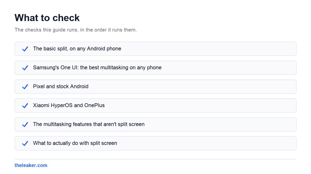 Checklist of the checks this guide runs, in document order