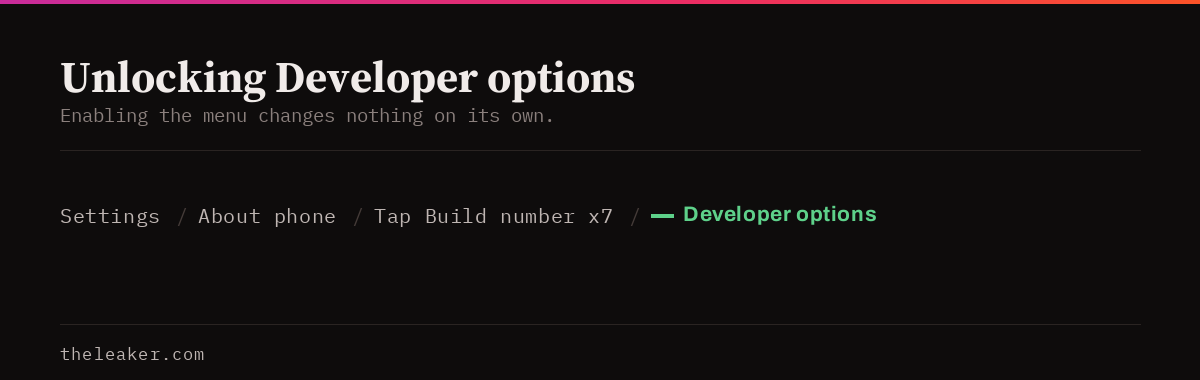 Settings path to unlock Developer options by tapping Build number seven times