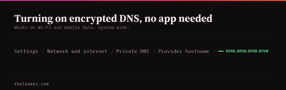 Settings path to enable Private DNS with one.one.one.one on Android