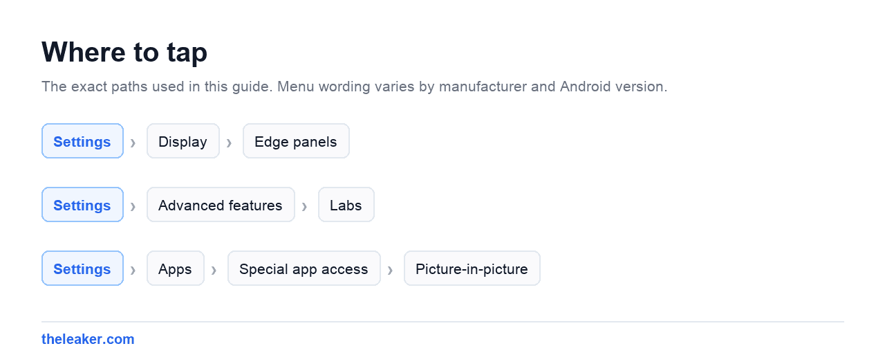 Menu paths used in this guide, each shown as Settings followed by the screens to tap