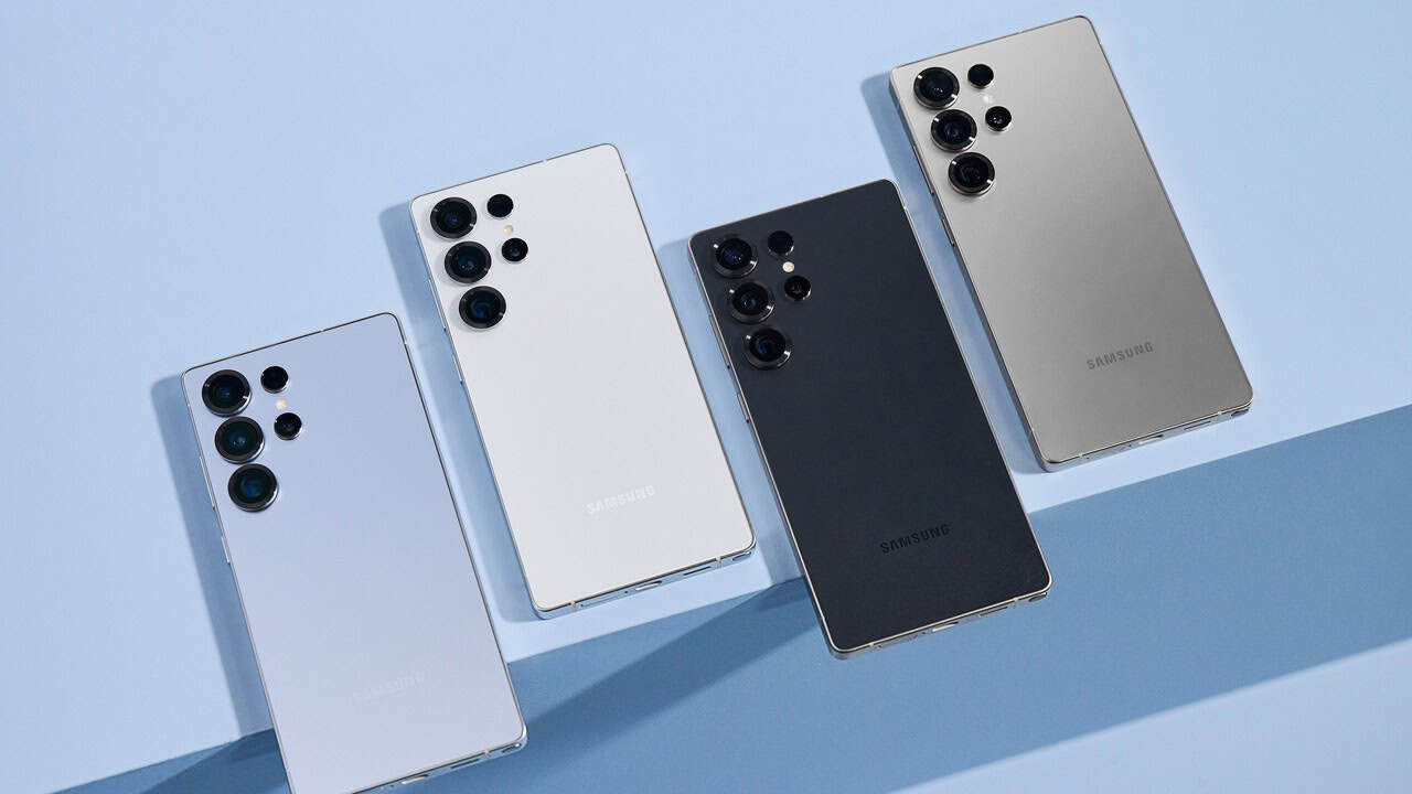 Samsung Galaxy S25 Ultra shown in Titanium Silverblue, Titanium Whitesilver, Titanium Black and Titanium Gray, official Samsung press image