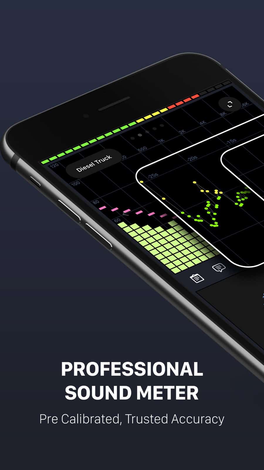 Decibel X app showing a live sound level reading