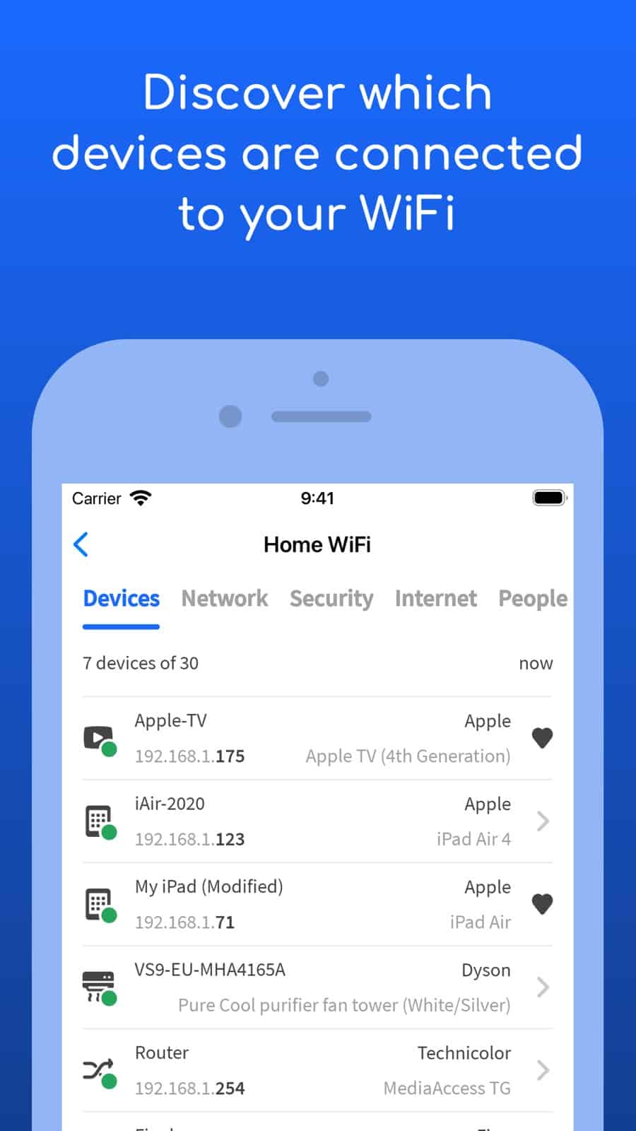 Fing app listing connected devices on a home network with names and IP addresses