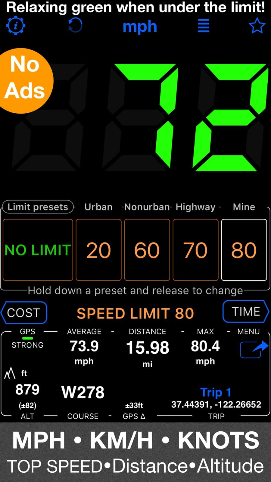 A GPS speedometer app on iPhone showing a large speed readout and HUD mode
