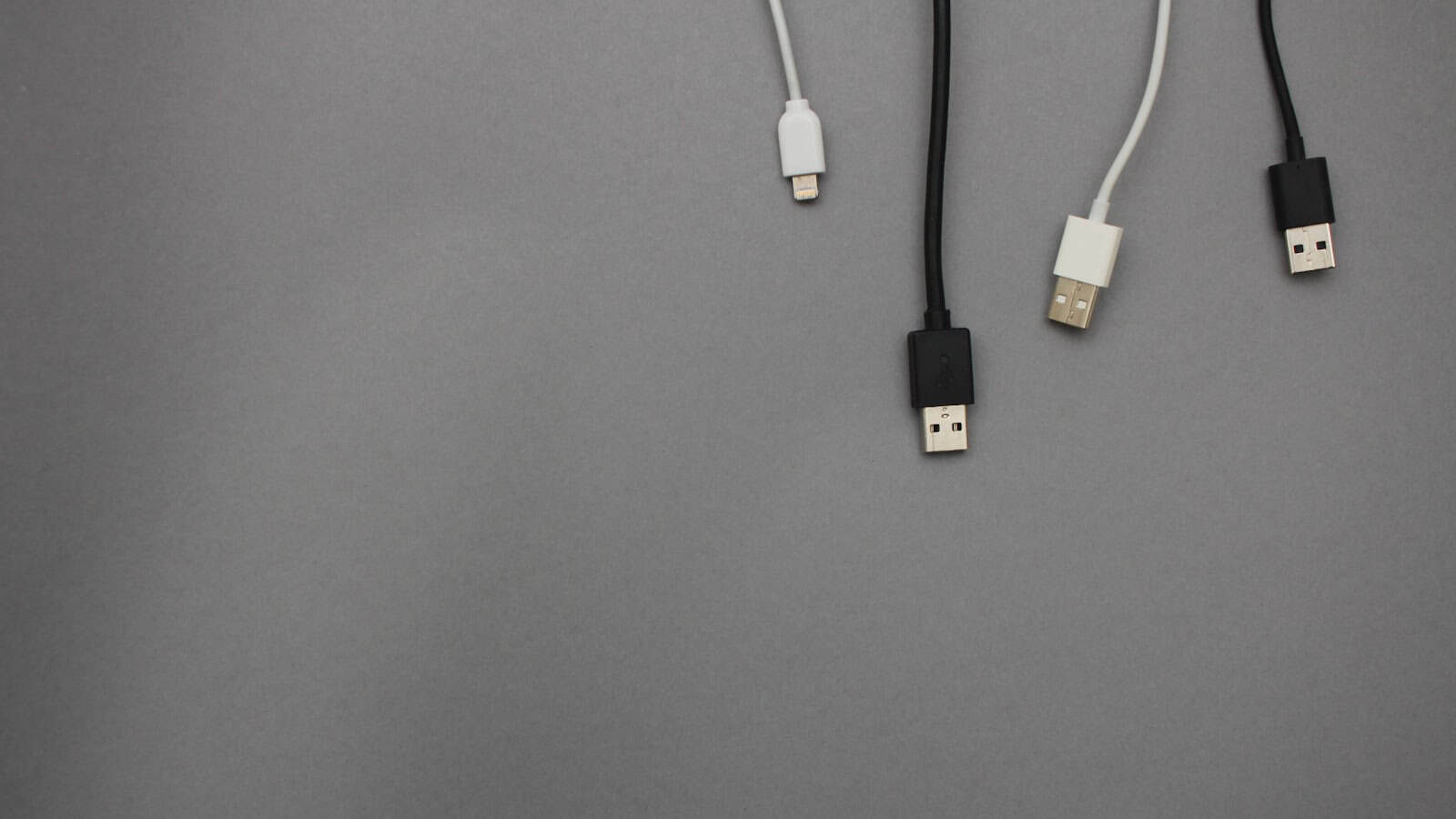 USB and Lightning cables hanging against a grey background