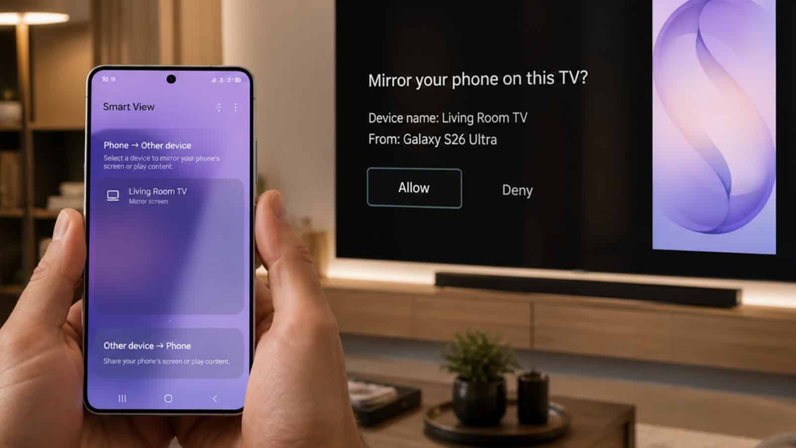 Smartphone screen showing a mirror-to-TV prompt with a smart TV in the background