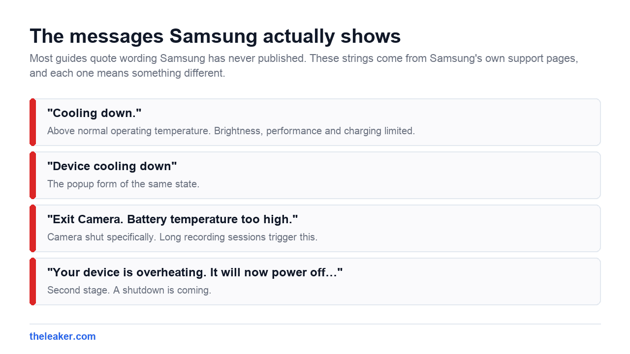 Four Samsung warning strings with the meaning of each, from Cooling down to the shutdown warning