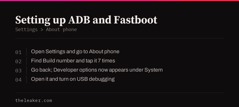 Four numbered steps to open Settings, tap Build number seven times, and turn on USB debugging under Developer options