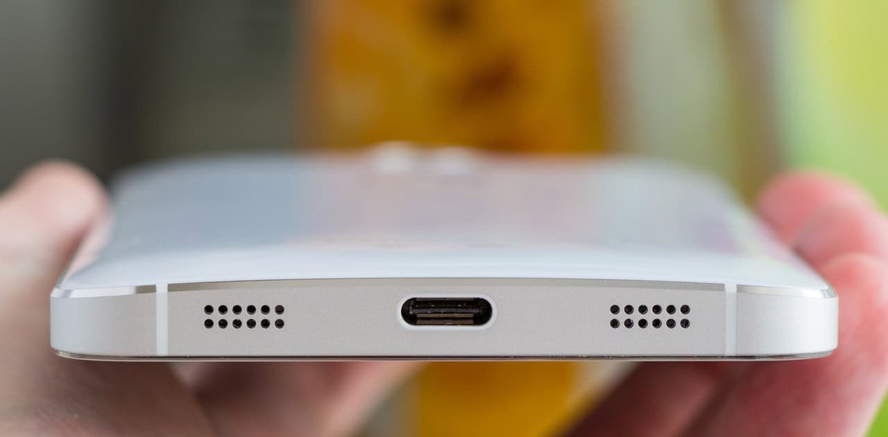 Close-up of a phone USB-C charging port showing the delicate center tongue between two speaker grilles.
