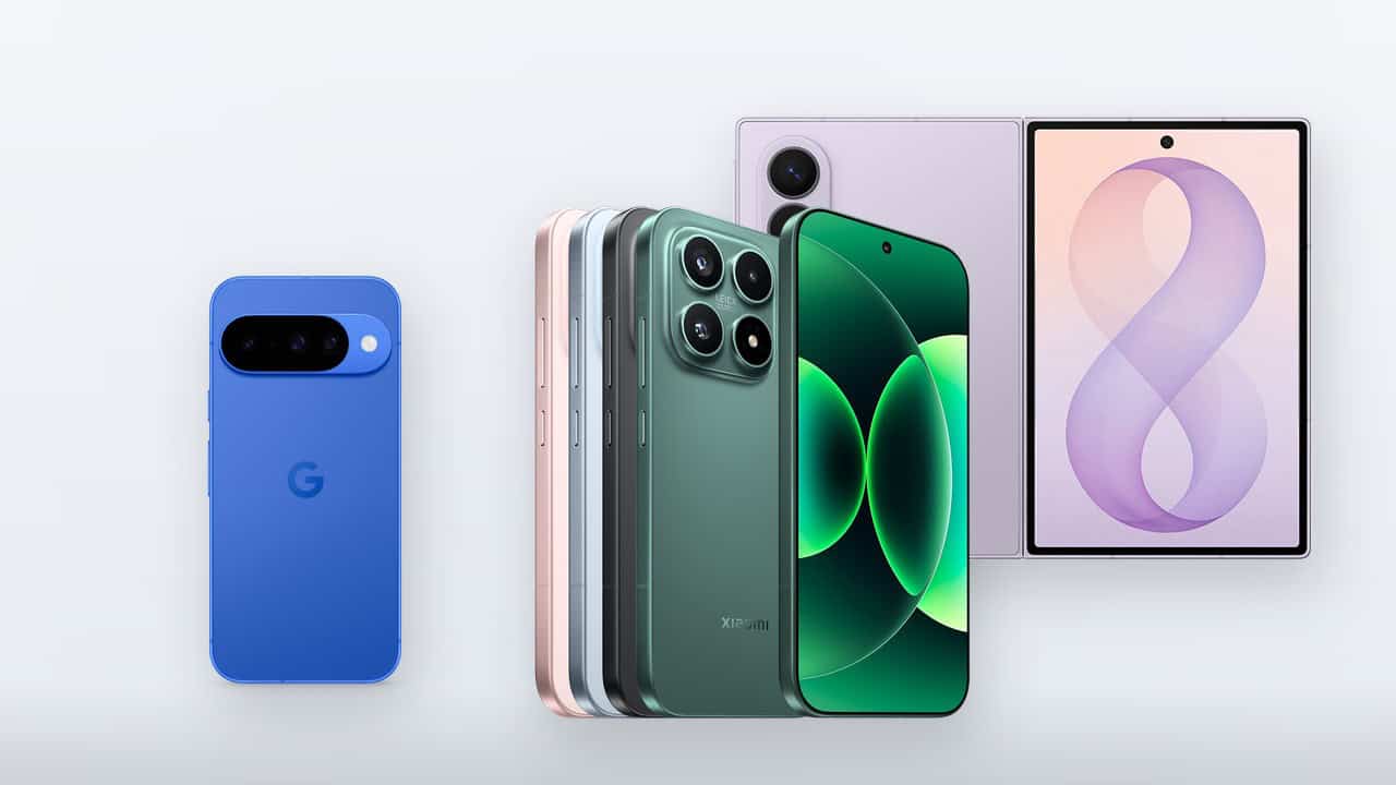 Google Pixel, Xiaomi 17, and Samsung Galaxy Z Fold8 product photos, representing the phones covered in the Android 17 update tracker