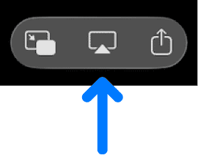Playback controls in the Apple TV app on a Mac, showing three icons with a blue arrow pointing at the middle one, the AirPlay video icon, below the progress bar