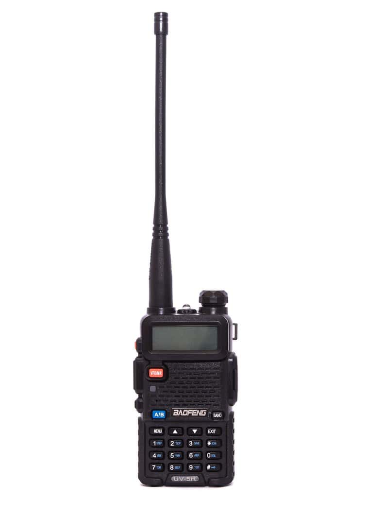 A Baofeng UV-5R dual-band handheld amateur radio transceiver on a white background