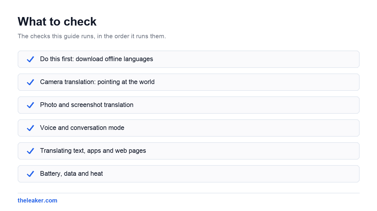 Checklist of the checks this guide runs, in document order