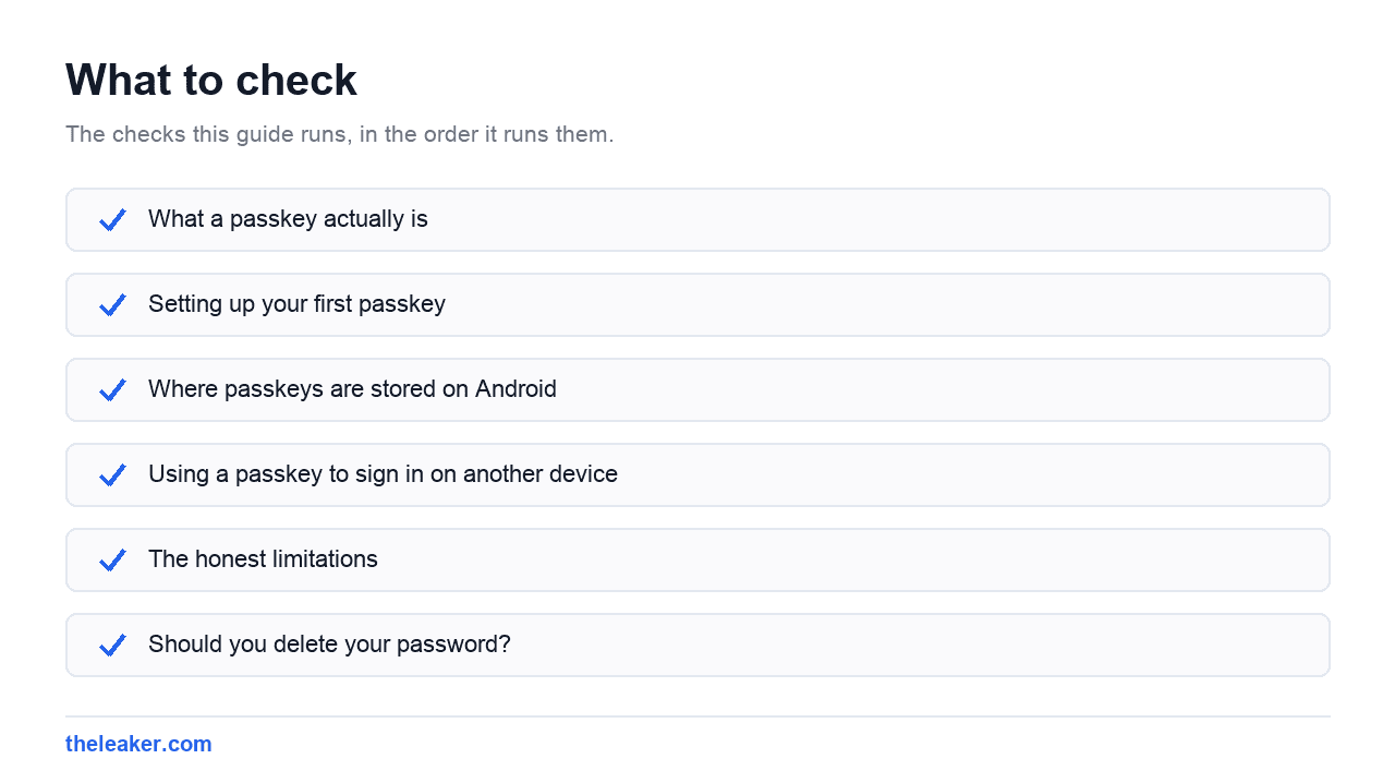 Checklist of the checks this guide runs, in document order