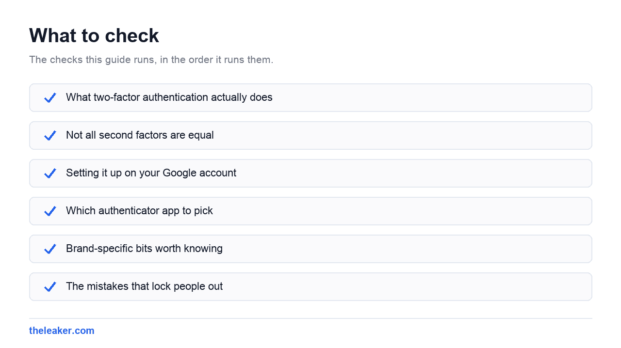Checklist of the checks this guide runs, in document order