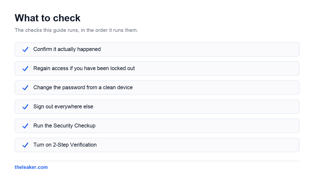 Checklist of the checks this guide runs, in document order