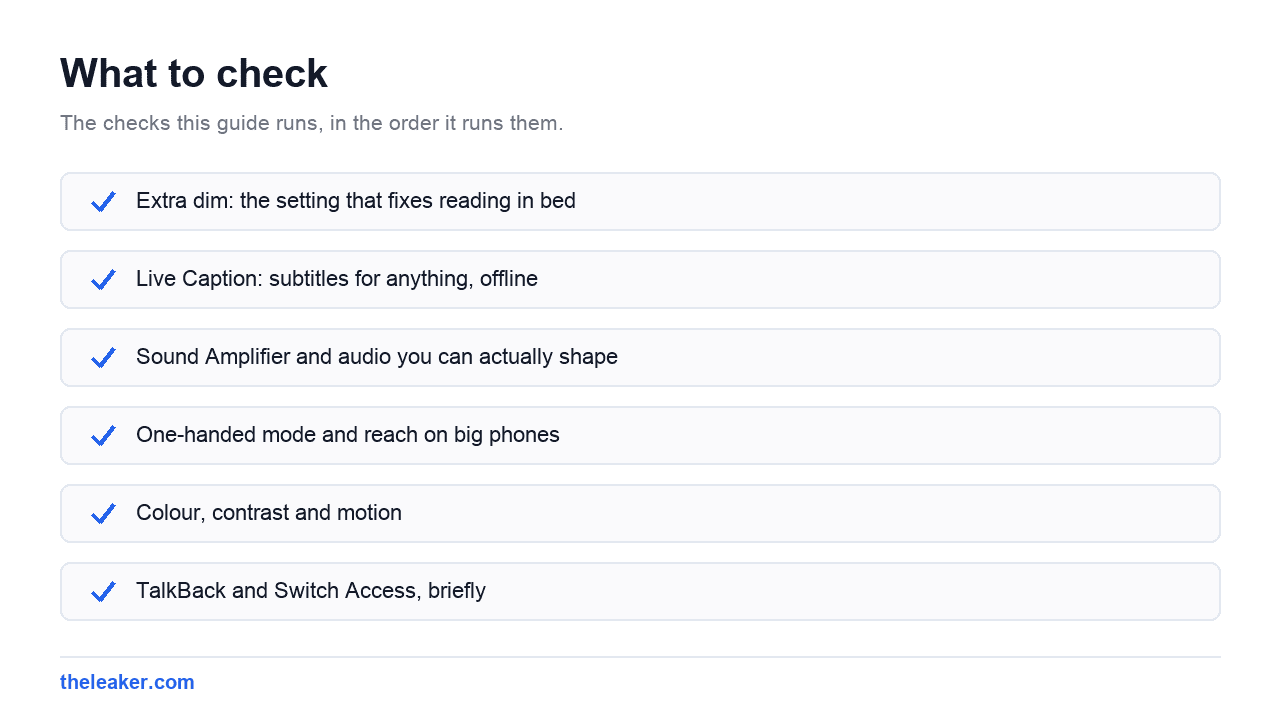 Checklist of the checks this guide runs, in document order