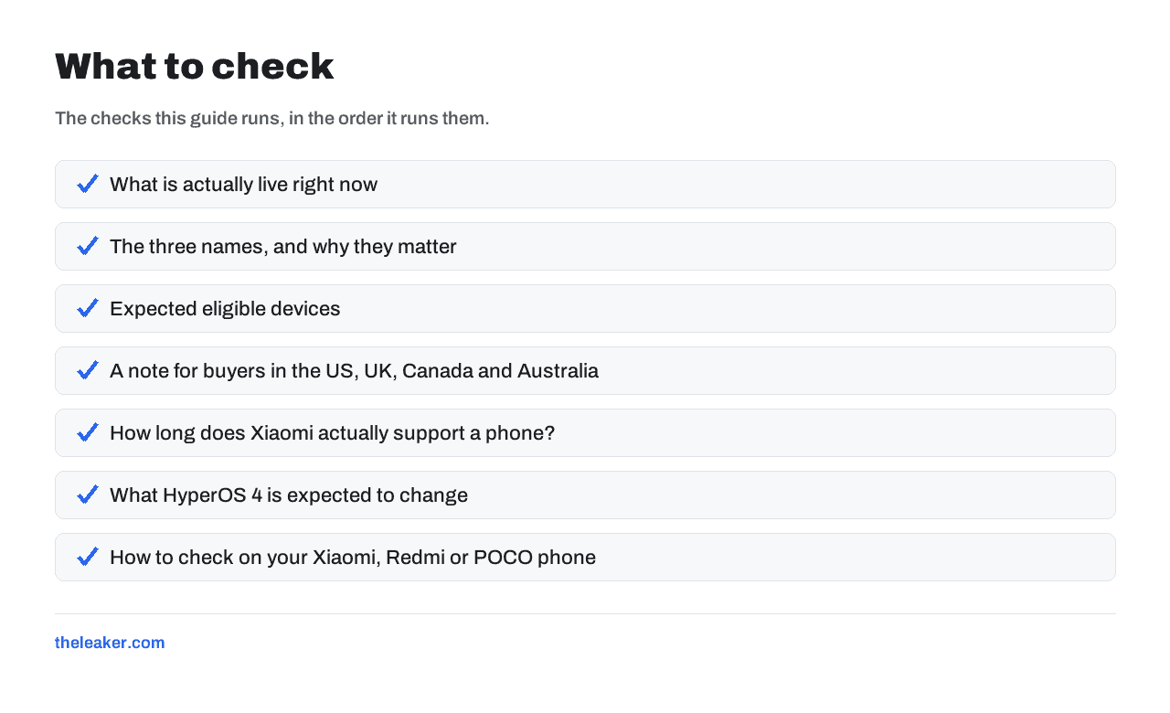 Checklist of the checks this guide runs, in document order