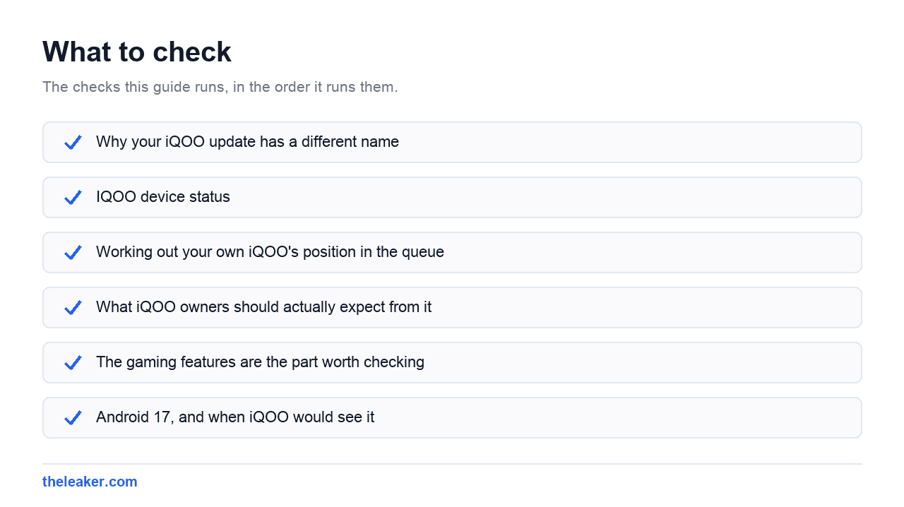 Checklist of the checks this guide runs, in document order