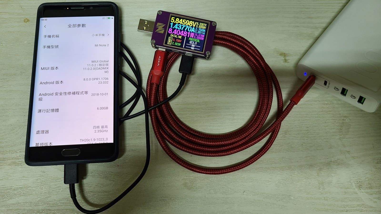 A smartphone charging through a USB power meter reading 5.8 volts, 1.4 amps and 8.4 watts on the Quick Charge 3.0 protocol, connected by a red USB-C cable to a power bank