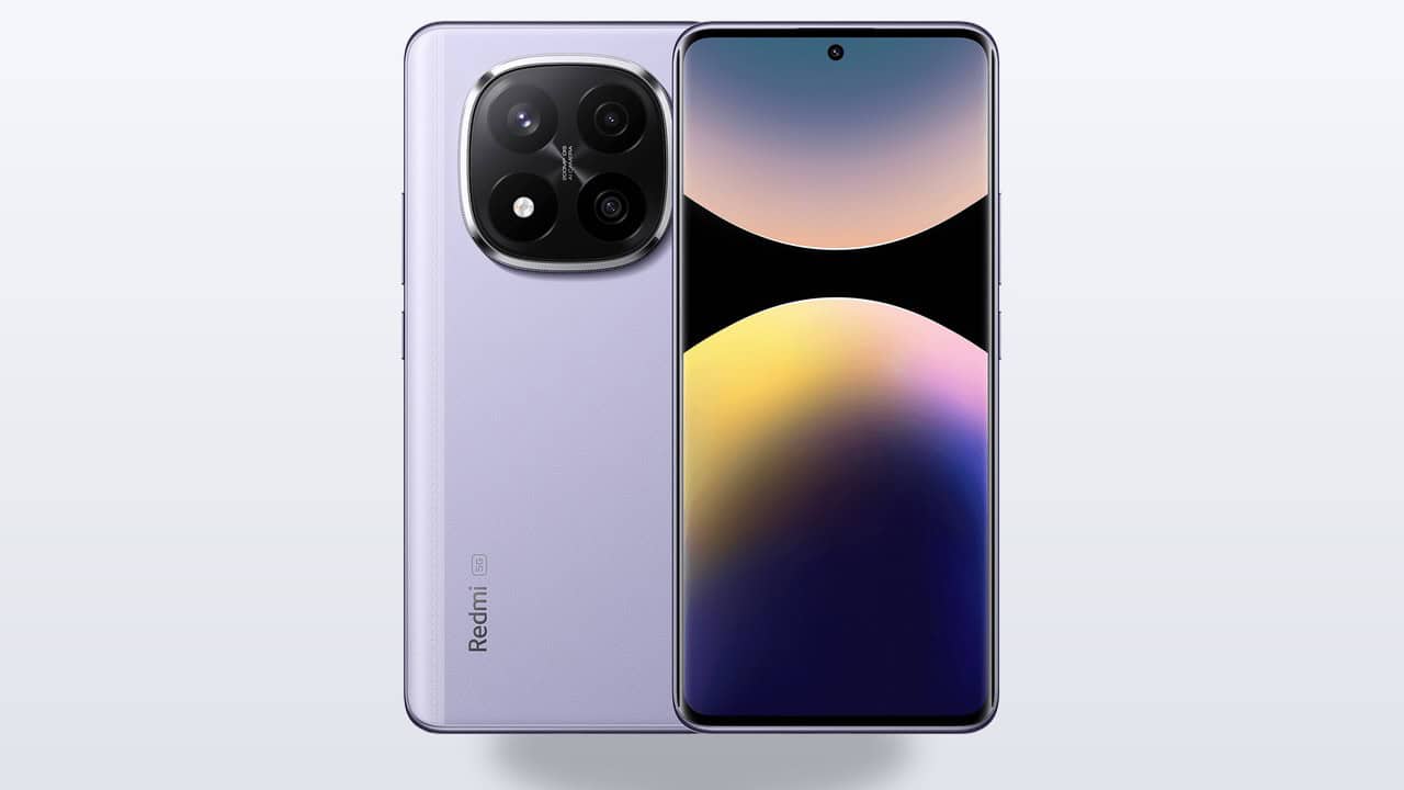 Redmi Note 14 Pro+ 5G in Lavender Purple, front and back panel, official Xiaomi product photo