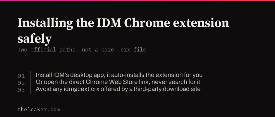 Steps to install the IDM Chrome extension safely: install IDM desktop app, let it auto-install the extension, or use the direct Chrome Web Store link