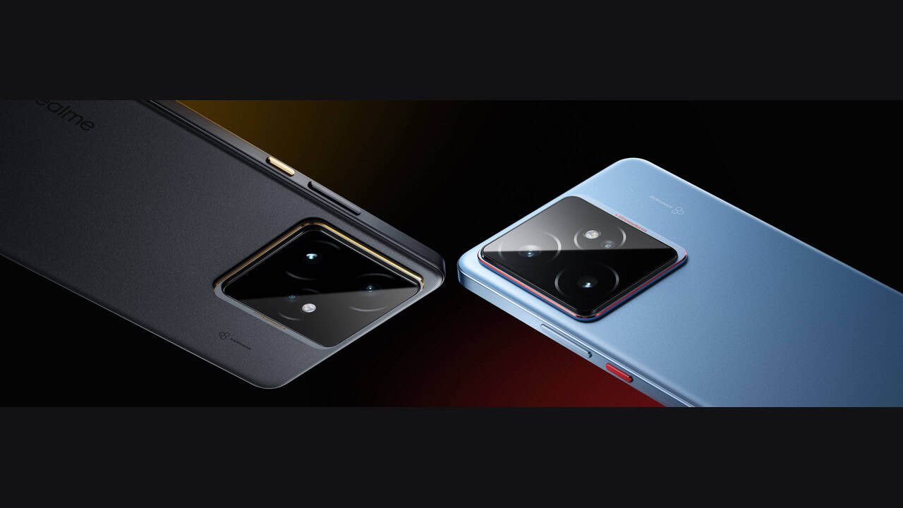 Close-up of the Realme GT 7 camera modules in two color options