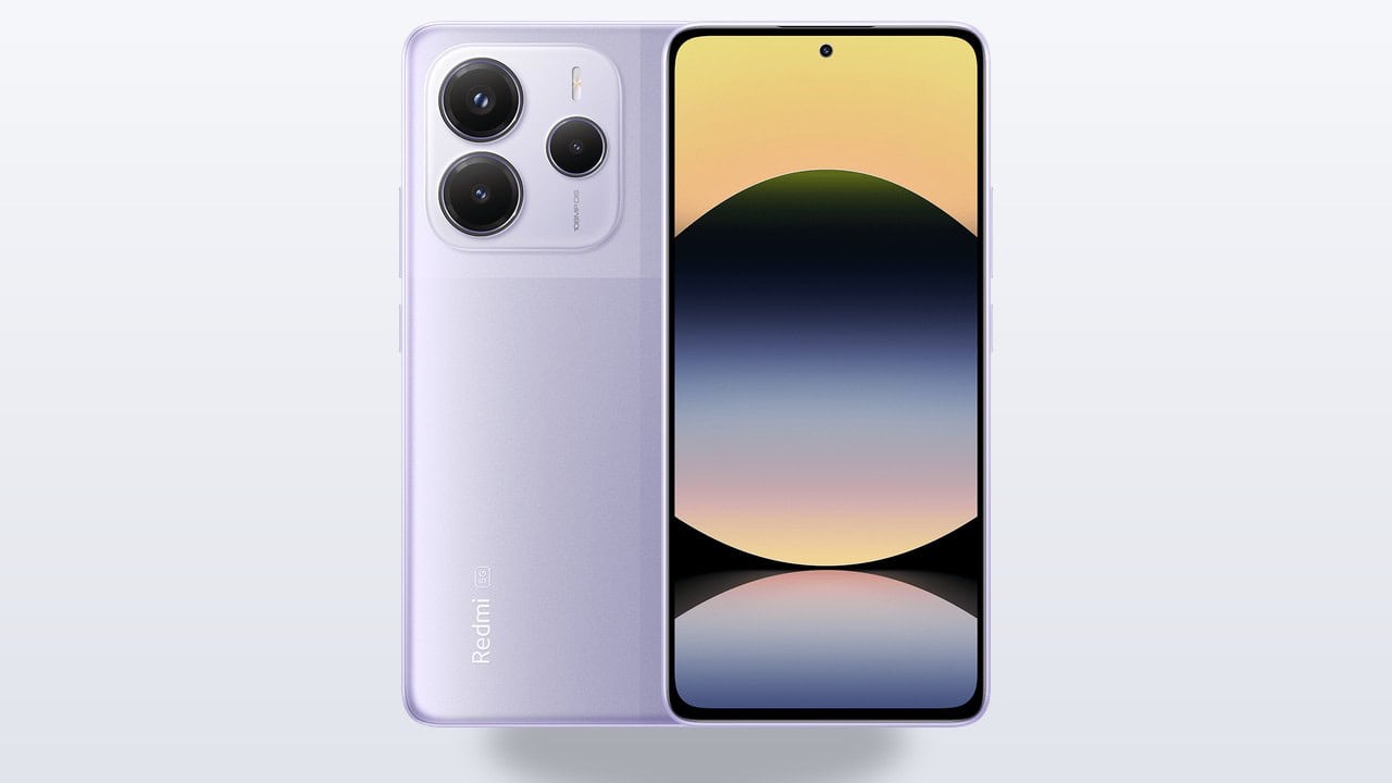 Redmi Note 14 5G in purple, front and back panel, official Xiaomi product photo