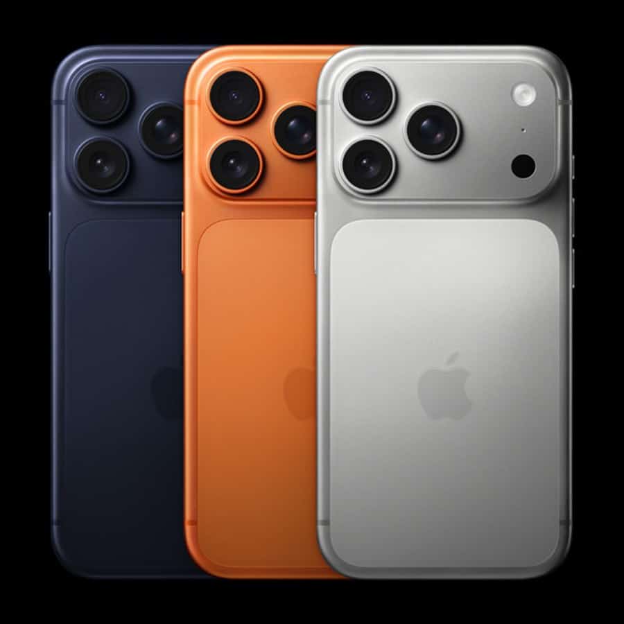 iPhone 17 Pro in deep blue, cosmic orange and silver