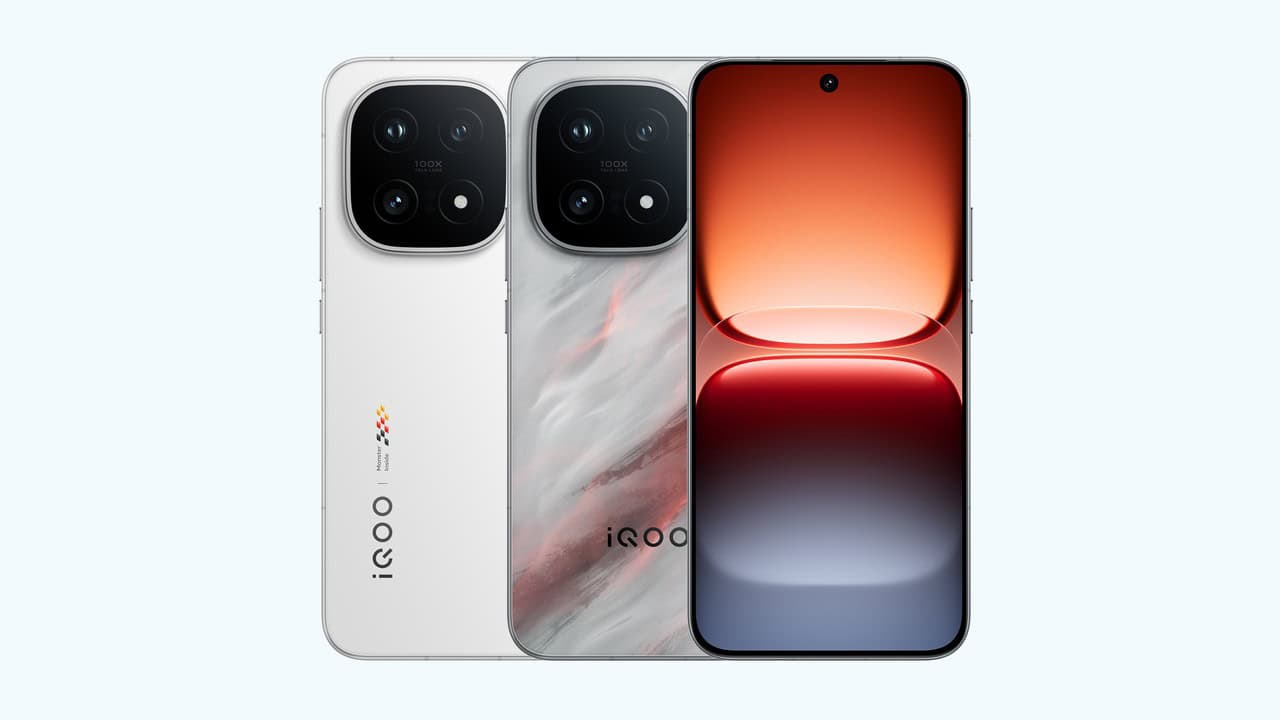 iQOO 15 series in white and marble finishes, showing the rear camera module and front display