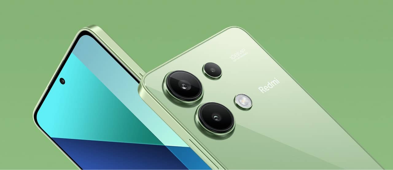 Xiaomi Redmi Note 13 in green, showing the 108MP triple camera module and front display