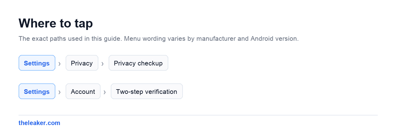 Menu paths used in this guide, each shown as Settings followed by the screens to tap