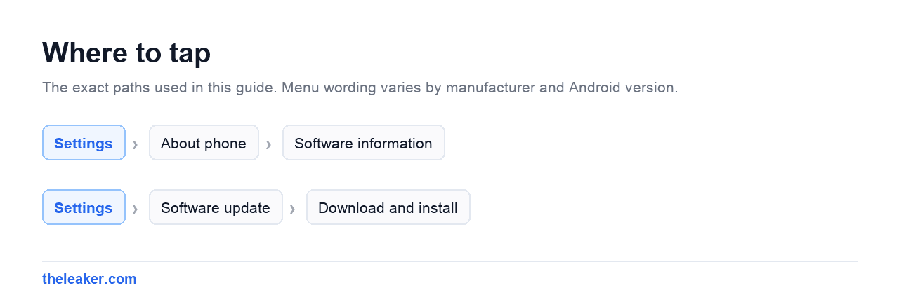 Menu paths used in this guide, each shown as Settings followed by the screens to tap
